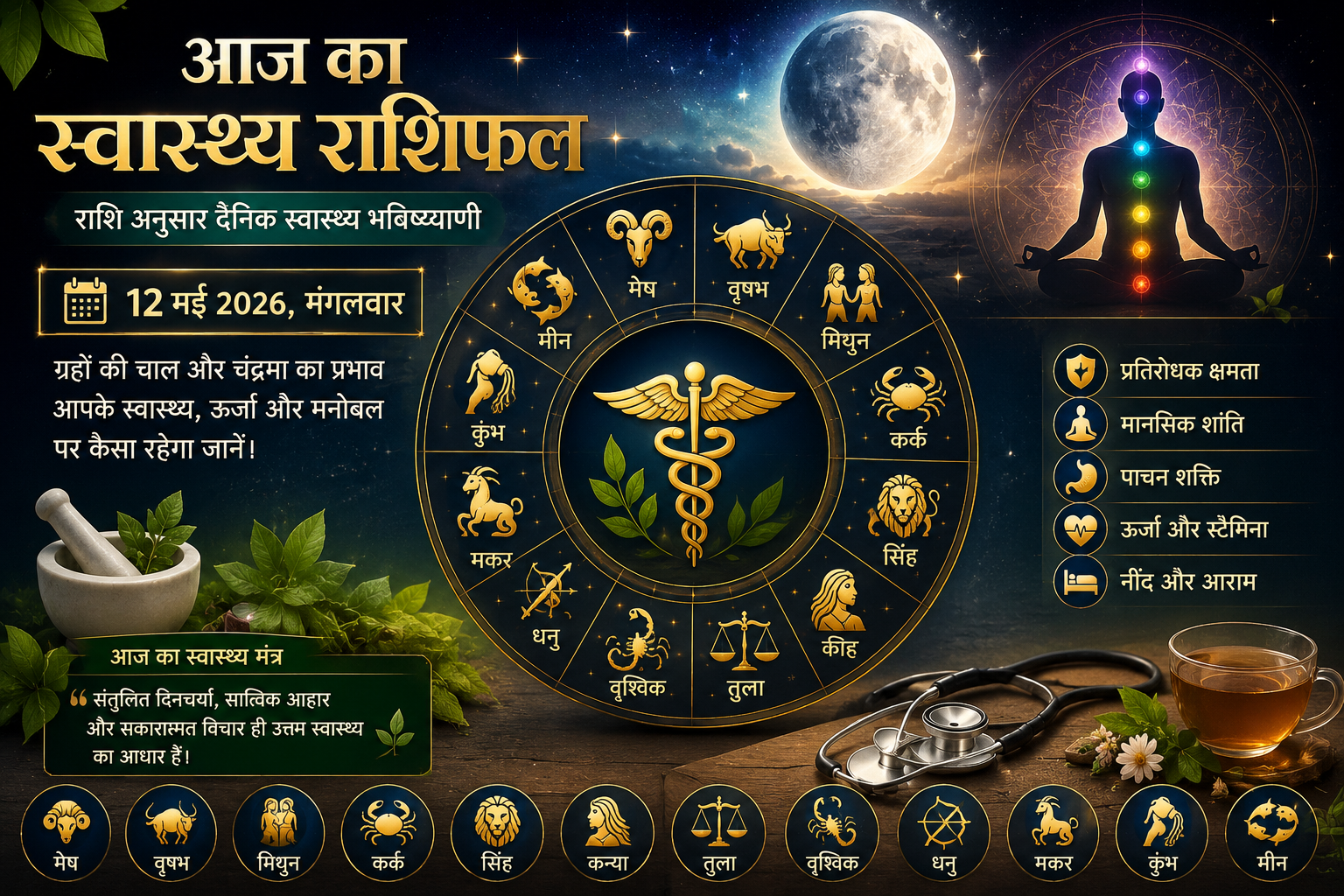 12 मई 2026 स्वास्थ्य राशिफल चंद्रमा का असर आपकी ऊर्जा और स्वास्थ्य पर