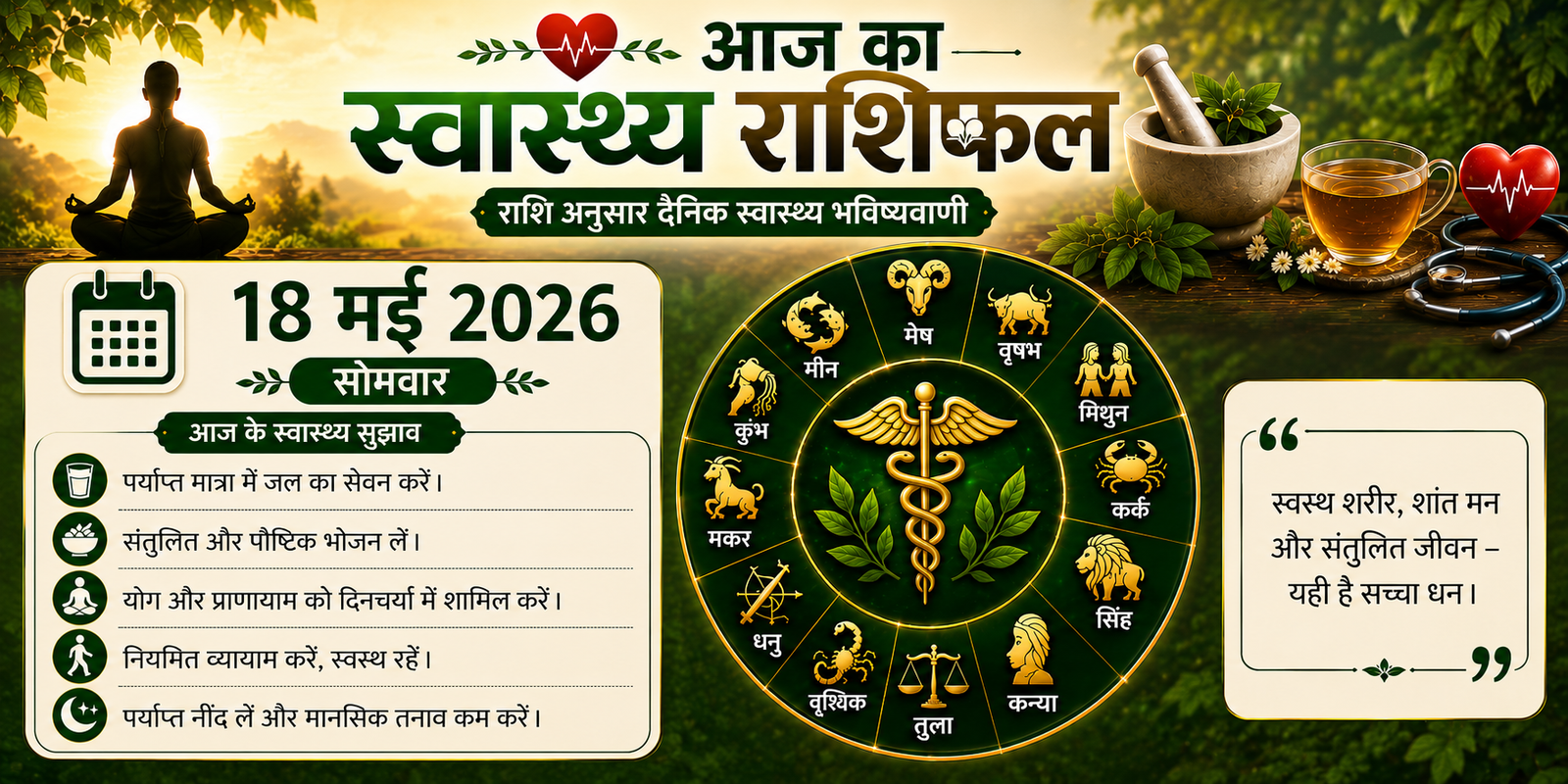 18 मई 2026 सोमवार स्वास्थ्य राशिफल: चंद्रमा का आपकी मानसिक शांति और सेहत पर प्रभाव